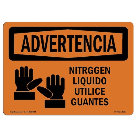 Signmission OSHA WARNING Sign, Liquid Nitrogen Wear Gloves Spanish, 7in X 5in Decal, 7" W, 5" H, Landscape OS-WS-D-57-L-12667